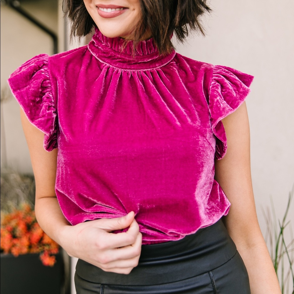 Fuchsia Velvet Mock Neck Top - Picture 2 of 8